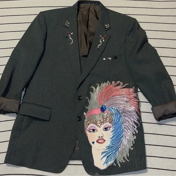 Vintage Sears Gray Pinstripe Custom Painted Showgirl Blazer Suit Jacket - Picture 3 of 16